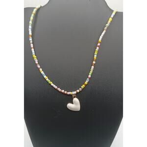 White Beaded Heart Necklace Adjustable 16-19" Cute Minimal